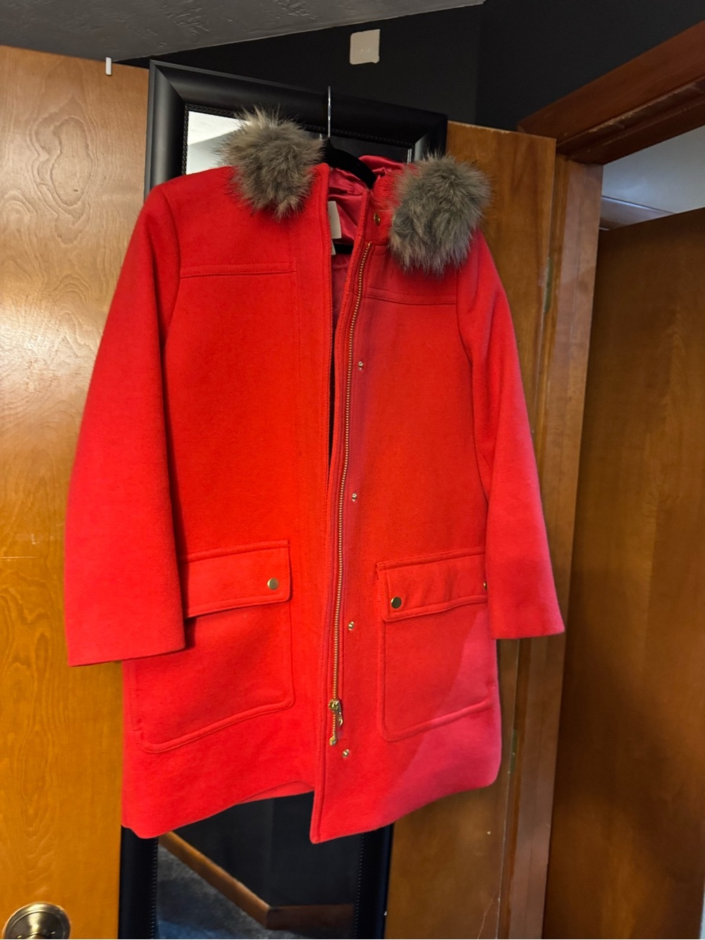 J. Crew Red Wool-Blend Pea Coat with Faux Fur Trim - Picture 1 of 7
